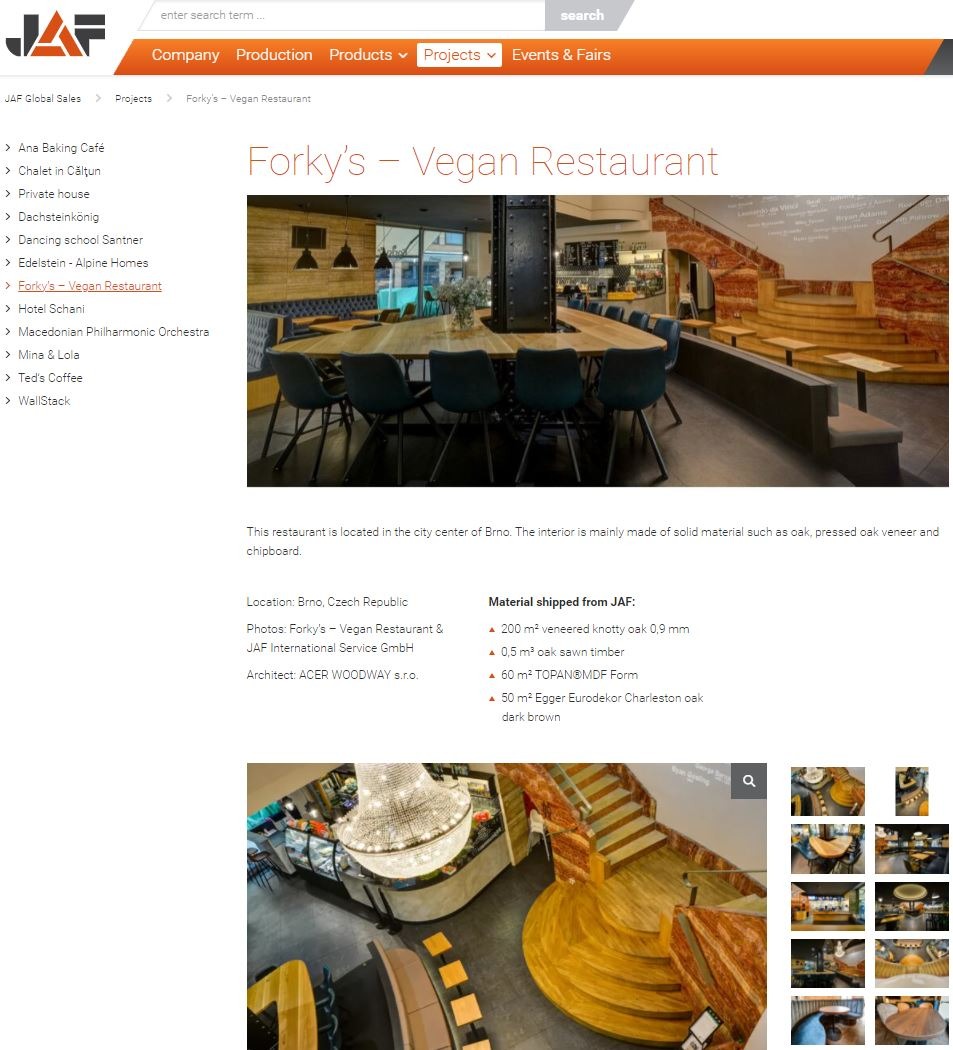 Realizace restaurací Forky´s v buletinu a webu firmy Jafholz